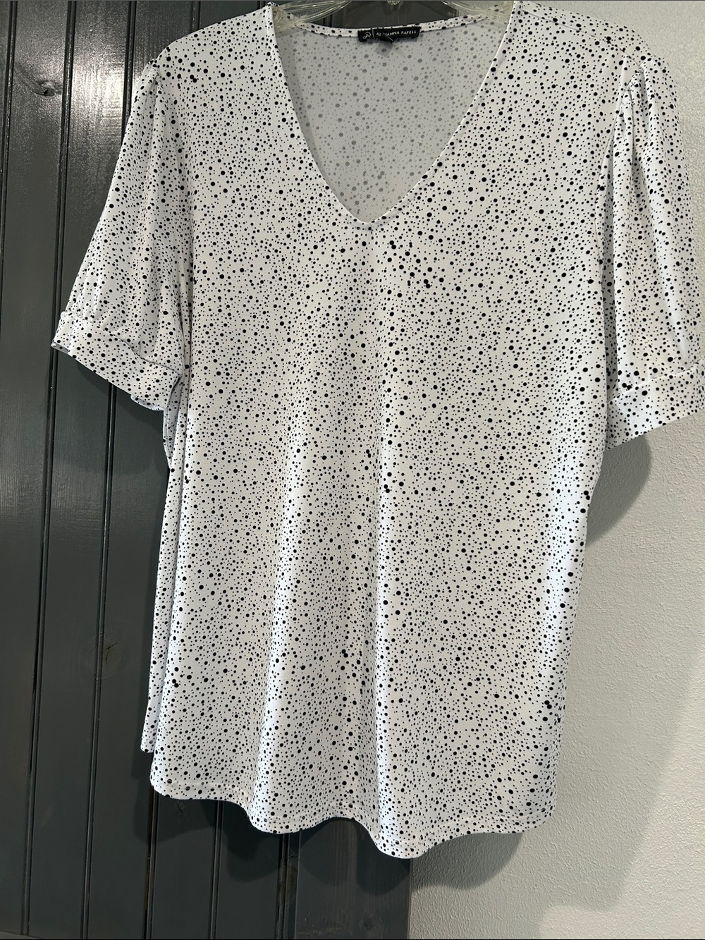 Ann Taylor White Short-Sleeve V-Neck Top with Black Speckle Print